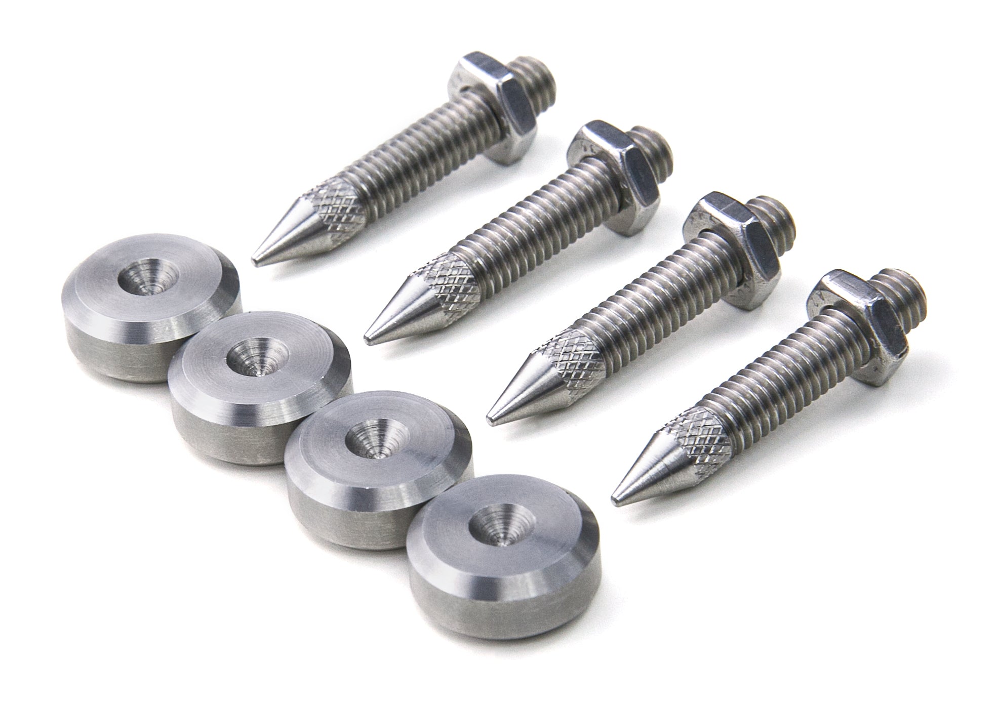 SET - Stainless Steel 4x 16mm Spikes Pads & 4x M6 Speaker Spikes Knurled & 4x locking nuts